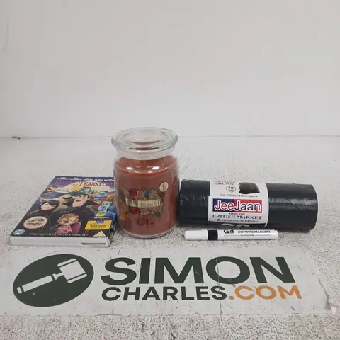 BOX OF APPROXIMATELY 10 ASSORTED ITEMS INCLUDING A DRYWIPE MARKER, JEE JAM REFUSE SACKS AND A WICKFORD & CO GINGERBREAD CANDLE