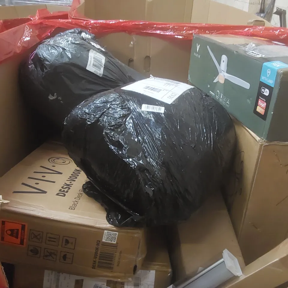 PALLET CONTAINING A LARGE QUANTITY OF ASSORTED ITEMS INCLUDING: STITCH KIDS BIKE, DESK RISER, VIAVITO EXERCISE MACHINE, CEILING FAN WITH LIGHT ECT