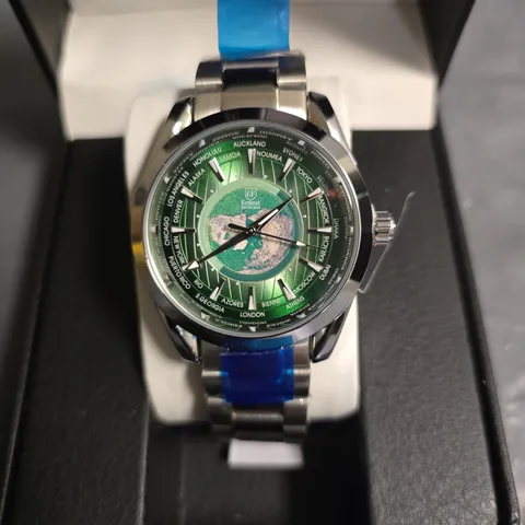 ERNEST FERDINAND STAINLESS STEEL GREEN DIAL WORLD MAP WATCH WITH METAL STRAP