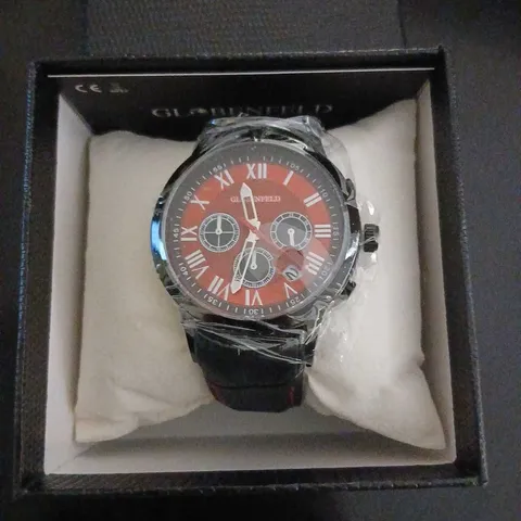 GLOBENFELD CHRONOGRAPH WATCH – RED DIAL, BLACK STRAP, BOXED