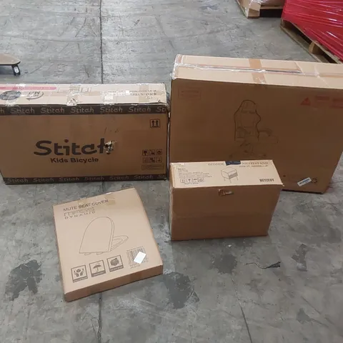 PALLET OF ASSORTED HOUSEHOLD ITEMS AND CONSUMER PRODUCTS TO INCLUDE; KIDS PINK BICYCLE, GAMING/OFFICE CHAIR, NIGHTSTAND, TOILET SEAT, COFFEE TABLE ETC