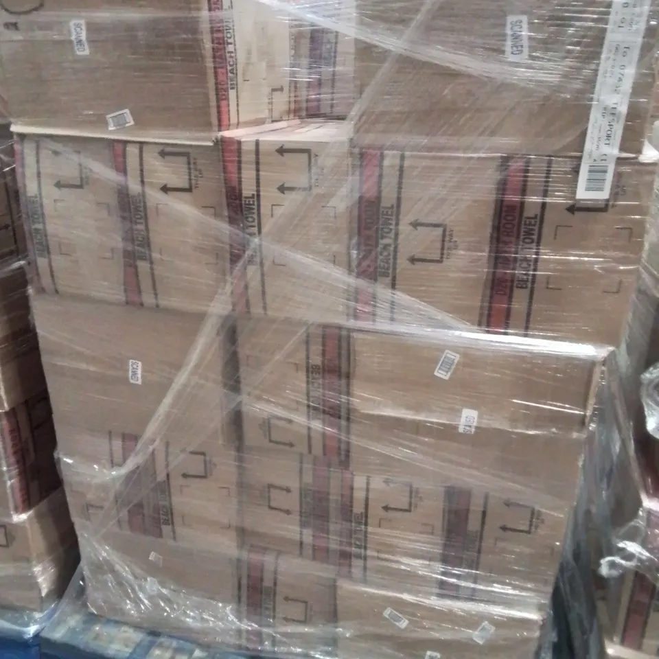 PALLET CONTAINING APPROXIMATELY 50 6-PACK BOXES OF BRAND NEW SUMMER THEMED BEACH TOWELS 