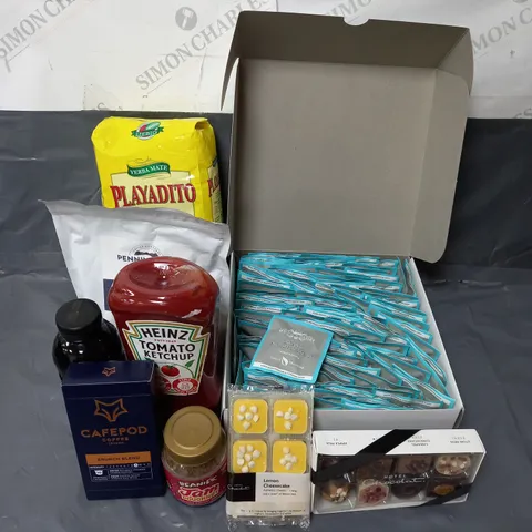 APPROXIMATELY 10 ASSORTED FOOD & DRINK ITEMS TO INCLUDE - HOPE & GLORY ENGLISH BREAKFAST TEA - HOTEL CHOCOLAT LEMON CHEESECAKE - BEANIES JAM DOUGHNUT INSTANT COFFEE - ETC