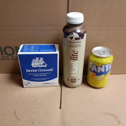 APPROXIMATELY 12 ASSORTED FOOD AND DRINKS ITEMS TO INCLUDE - HUEL LITE CHOCOLATE SHAKE, FANTA LEMON, SEVEN OCEANS EMERGENCY RATION BARS ETC 