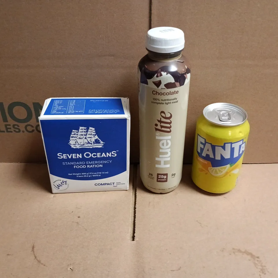 APPROXIMATELY 12 ASSORTED FOOD AND DRINKS ITEMS TO INCLUDE - HUEL LITE CHOCOLATE SHAKE, FANTA LEMON, SEVEN OCEANS EMERGENCY RATION BARS ETC 