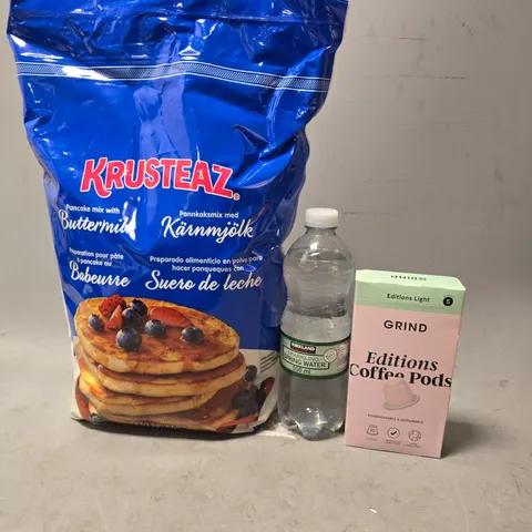 APPROXIMATELY 5 ASSORTED FOOD & DRINK ITEMS TO INCLUDE - KRUSTEAZ PANCAKE MIX , GRIND COFFEE PODS , KIRKLAND SPRING WATER ETC