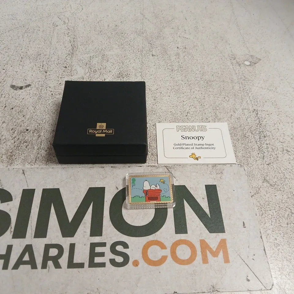 ROYAL MAIL PEANUTS SNOOPY GOLD PLATED STAMP INGOT IN BOX WITH CERTIFICATE