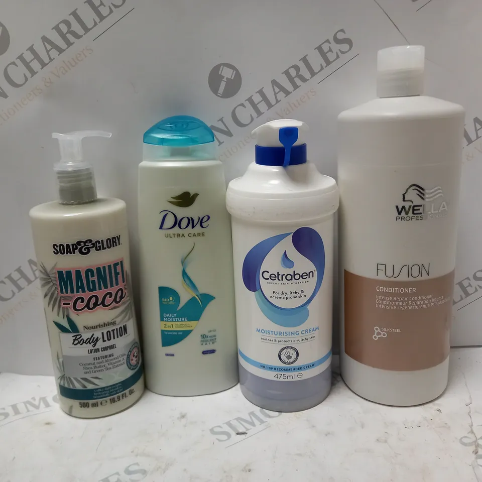 BOX OF APPROX 7 ASSORTED HEALTH AND BEAUTY ITEMS TO INCLUDE - WELLA FUSION CONDITIONER - CETRABEN MOISTURSING CREAM - DKVE DAILY MOISTURE ECT