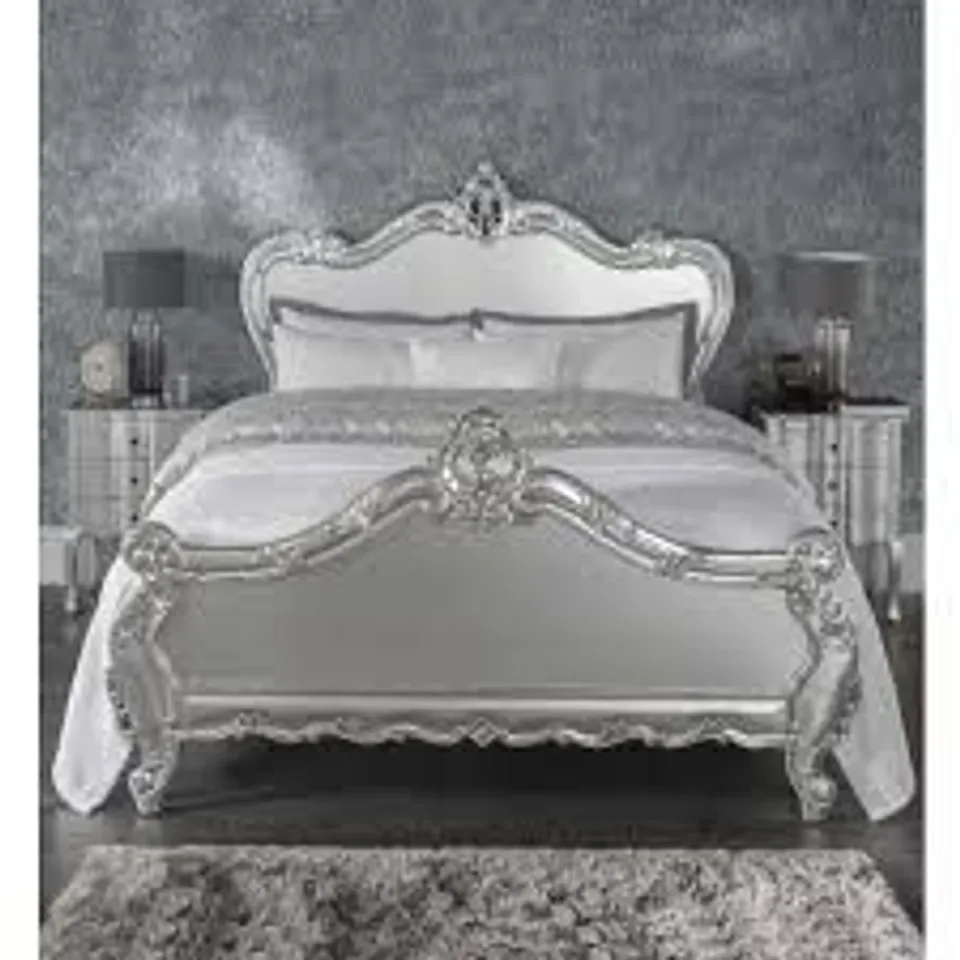 BRAND NEW BOXED HOMES DIRECT 365 ESTELLE SILVER ANTIQUE FRENCH STYLE BED SUPERKING (4 BOXES)