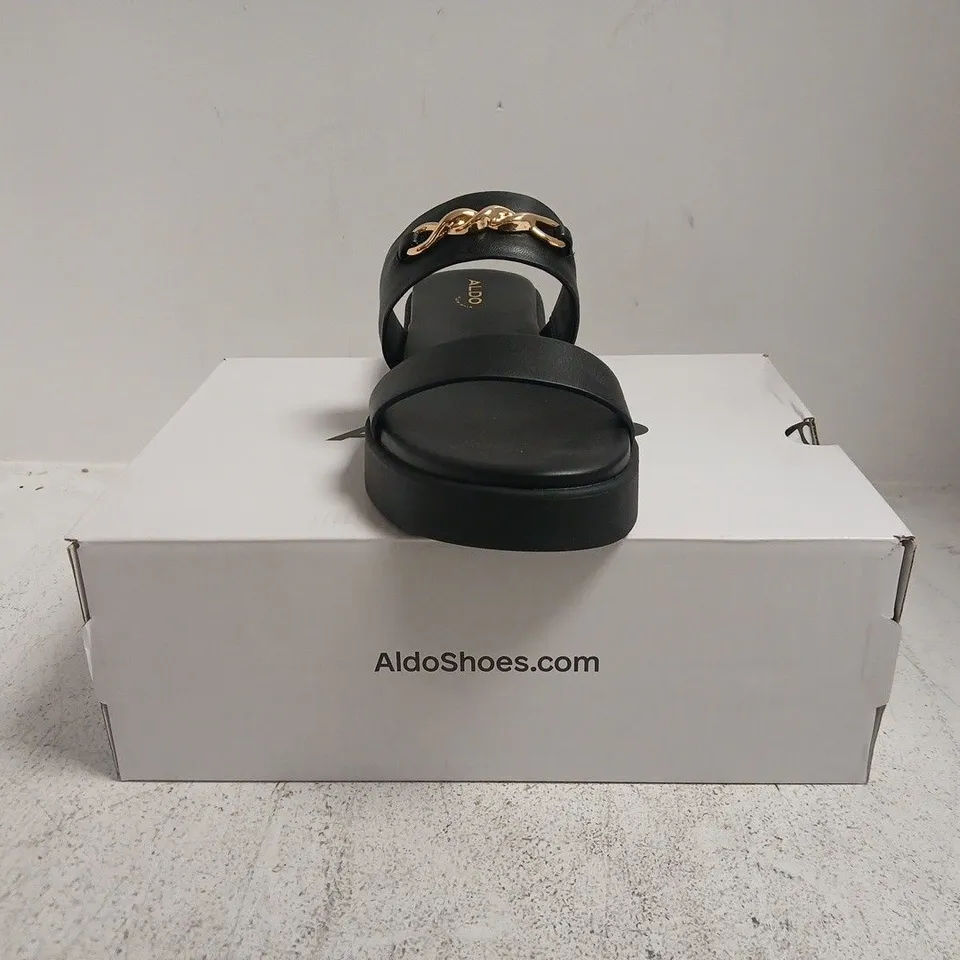 BOXED PAIR OF ALDO OPEN TOE LOW WEDGE SANDALS IN BLACK SIZE UK 7
