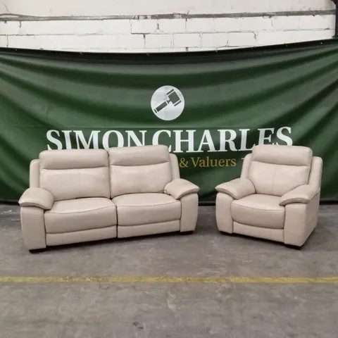 FURNITURE VILLAGE STARLIGHT POWER RECLINER LEATHER SOFA SUITE - BEIGE // 1 x 3 SEATER RECLINER SOFA, 1 x STATIC ARMCHAIR