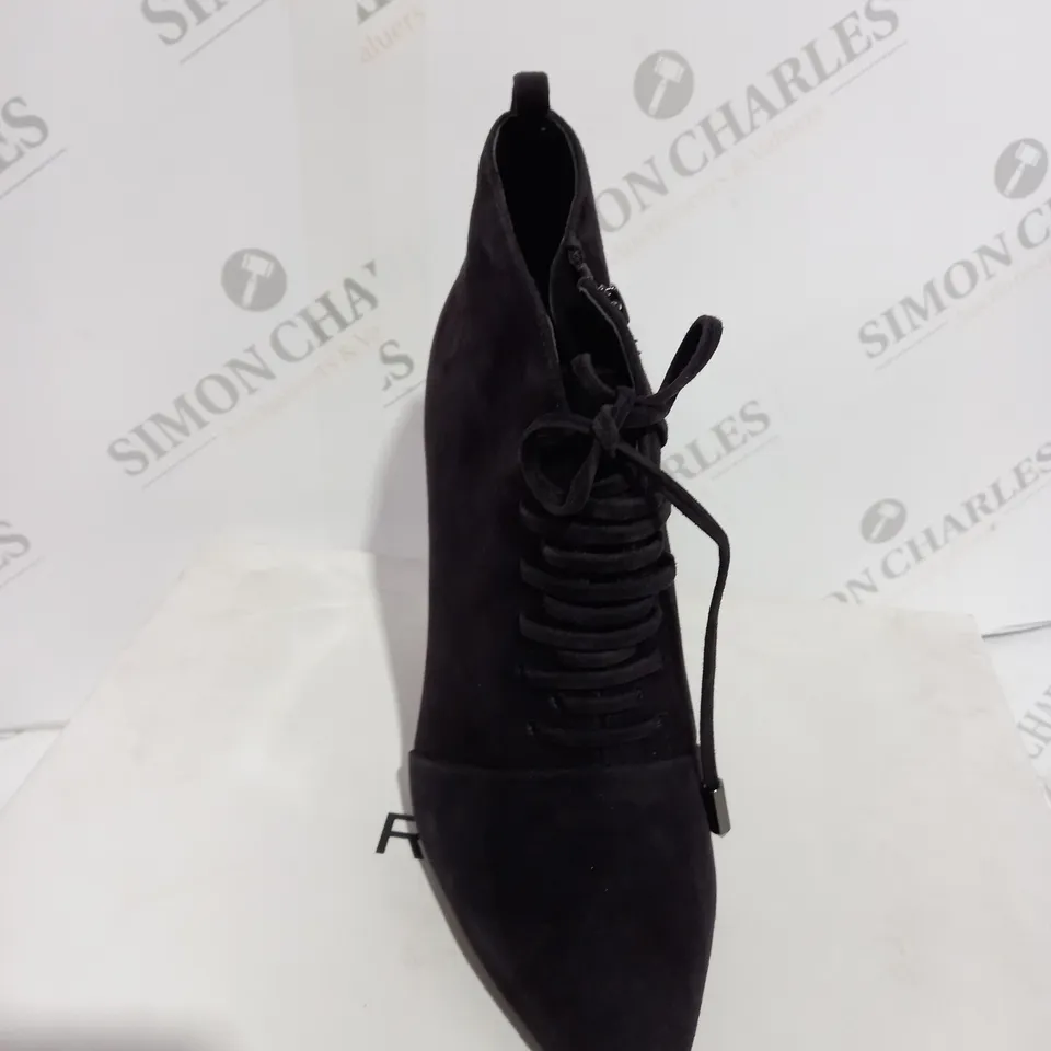 BOXED REISS SUEDE CHOCOLATE BOOT HEELS - SIZE 5