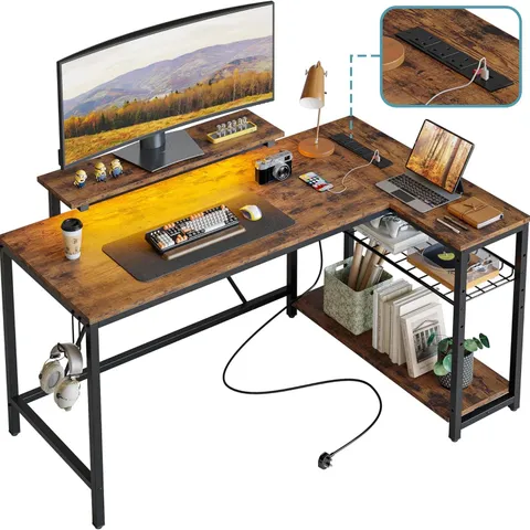 BOXED BESTIER 132.5CM L-SHAPED DESK WITH 3 POWER OUTLETS & 2 USB PORTS, LED STRIP LIGHTS – REVERSIBLE CORNER PC WORKSTATION