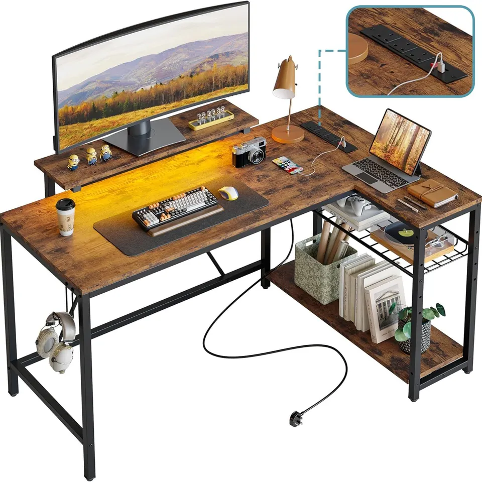 BOXED BESTIER 132.5CM L-SHAPED DESK WITH 3 POWER OUTLETS & 2 USB PORTS, LED STRIP LIGHTS – REVERSIBLE CORNER PC WORKSTATION