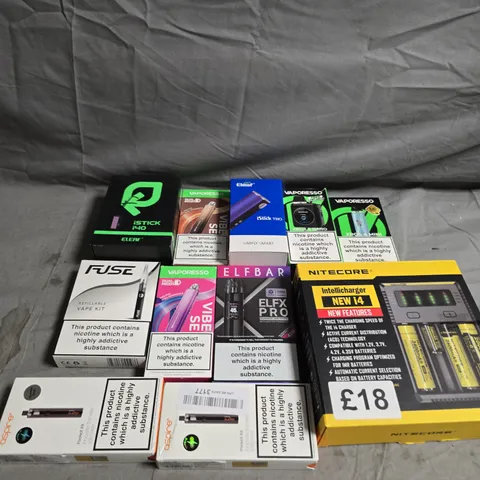 LOT OF APPROX 10  ASSORTED E-CIGS AND PARTS TO INCLUDE VAPORESSO, NITECORE AND ELEAF