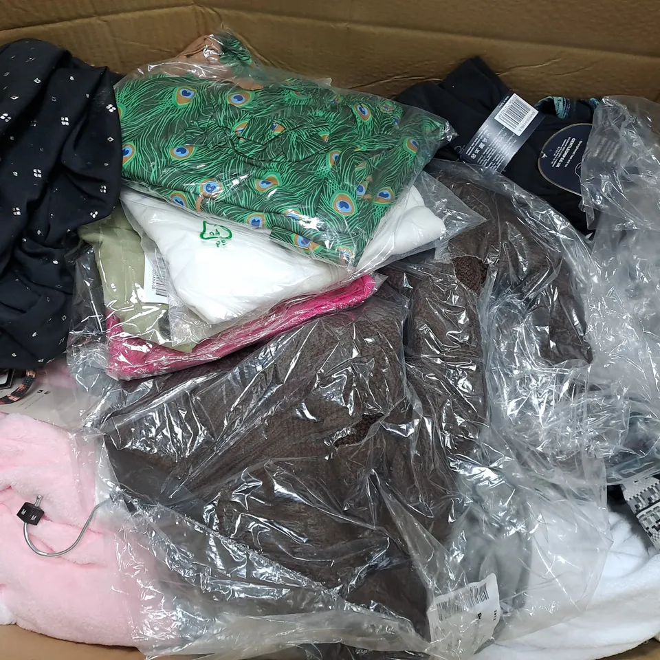 BOX OF ASSORTED CLOTHING ITEMS TOO INCLUDE JUMPERS, SHIRTS AND TROUSERS IN VARIOUS SIZES AND COLOURS   