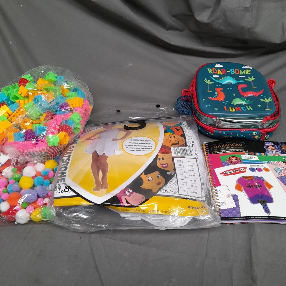 LARGE BOX OF ASSORTED TOYS AND GAMES TO INCLUDE FANCY DRESS, BUILDING BLOCKS AND RAINBOW HIGH