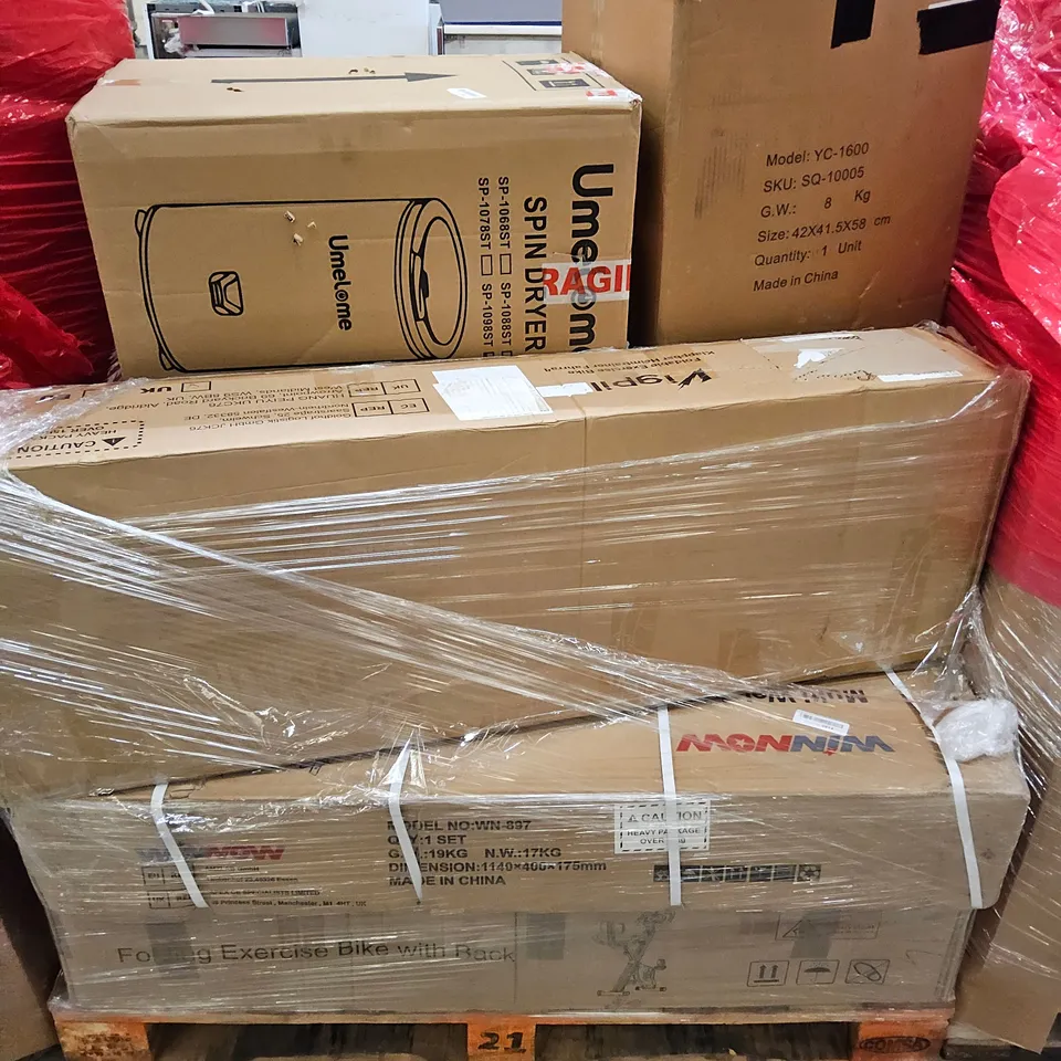 PALLET OF ASSORTED ITEMS TO INCLUDE, 3 × FOLDING EXCERCISE BIKES, SPIN DRYER, HAIR DRYER.