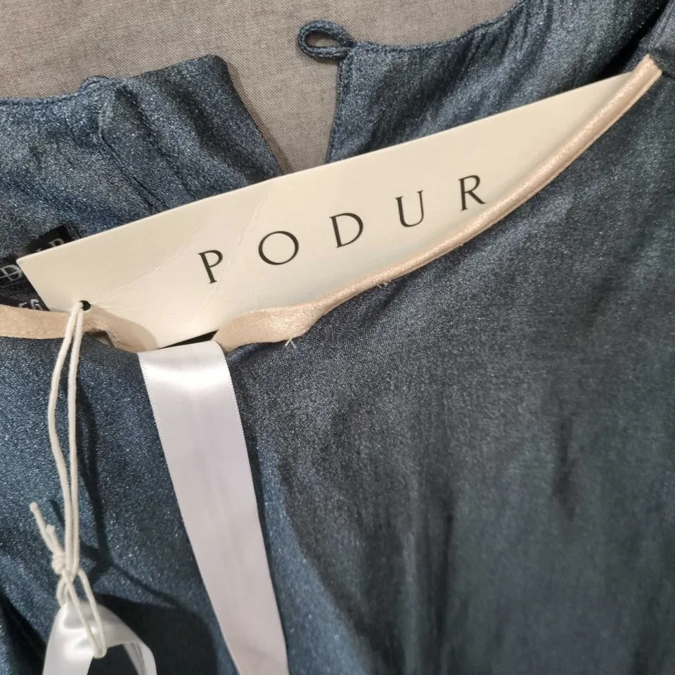 PODUR DENIM MAXI DRESS – LONG BLUE DRESS WITH CREAM RIBBON TRIM, UK 46 (EU 56)