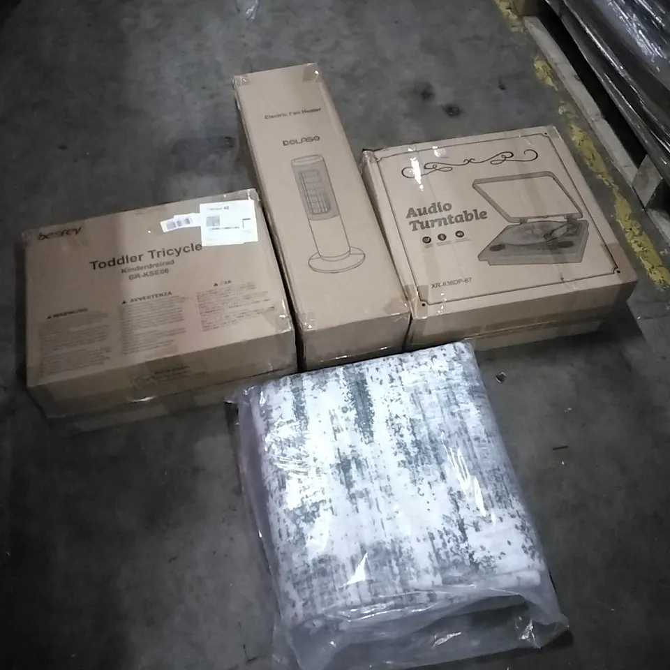 PALLET OF HOUSEHOLD ITEMS TO INCLUDE TODDLER TRICYCLE, ELECTRIC FAN HEATER, AUDIO TURNTABLE, RUG AND OTHER ASSORTED ITEMS...
