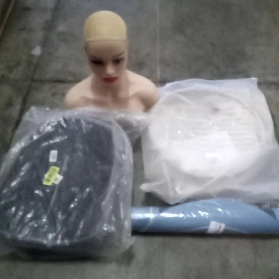 PALLET OF ASSORTED ITEMS INCLUDING MANNEQUIN  HEADS , BACKPACKS , TOTE BAGS ,ETC