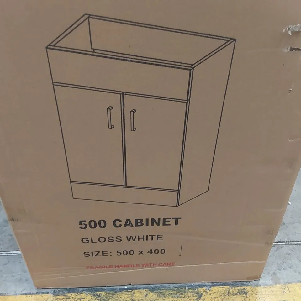 BOXED 500MM X 385MM DEEP BASIN VANITY CABINET BASE ONLY, NO BASIN - GLOSS WHITE (1 BOX)