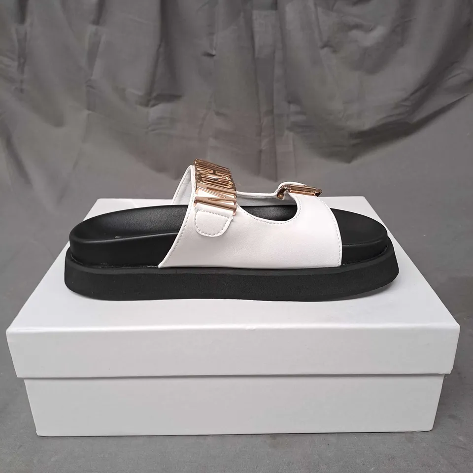 BOXED PAIR OF MOSCHINO SLIDERS SIZE EU 36