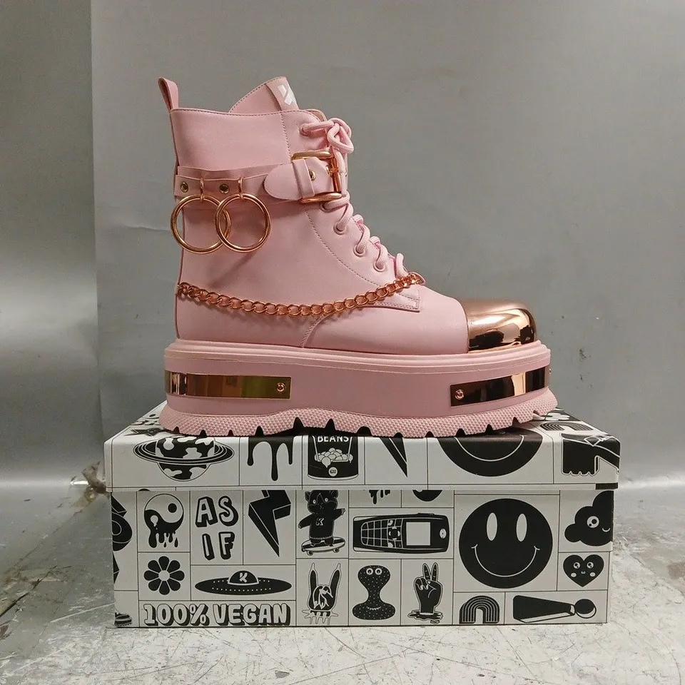 BOXED PAIR OF KOI ROSE GOLD BORIN HARDWARE PLATFORM BOOTS IN PINK/ROSE GOLD SIZE UK 6