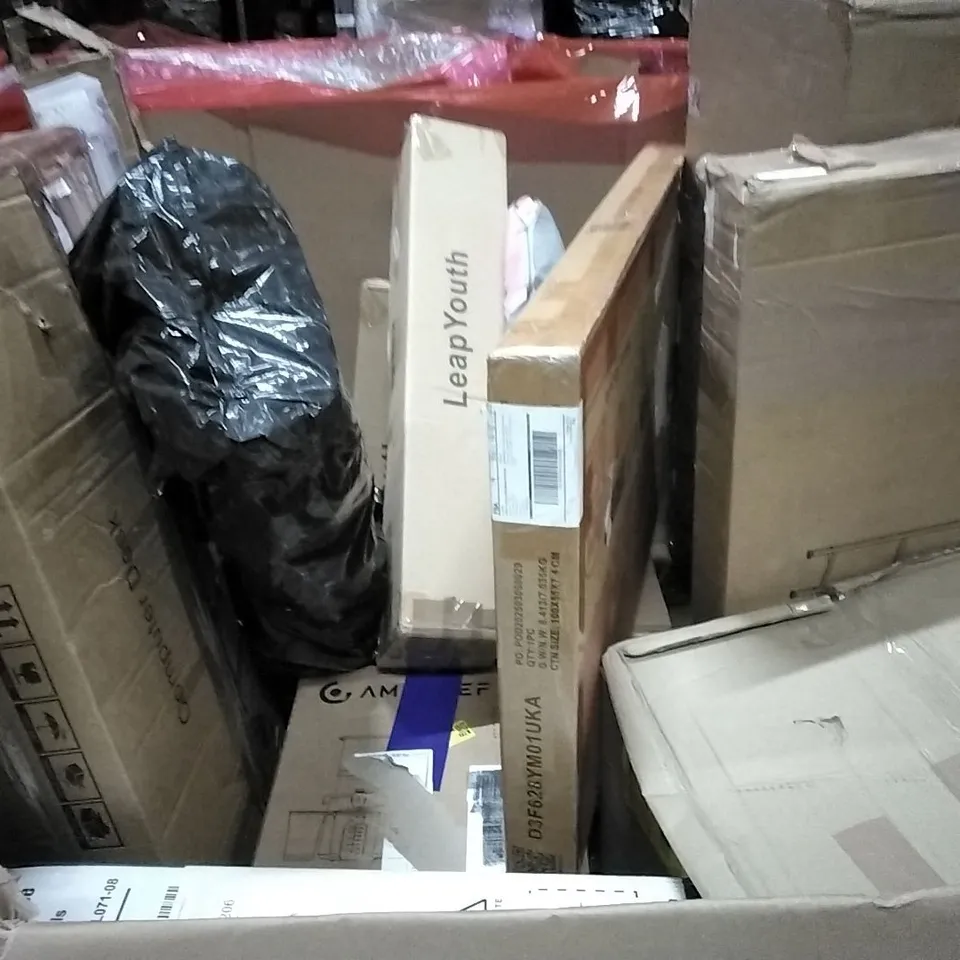PALLET CONTAINING ASSORTED PRODUCTS INCLUDING COMPUTER DESK, BLACK DESK RISER, LED TELEVISION, CHAIR FLOOR MAT & TELESCOPE