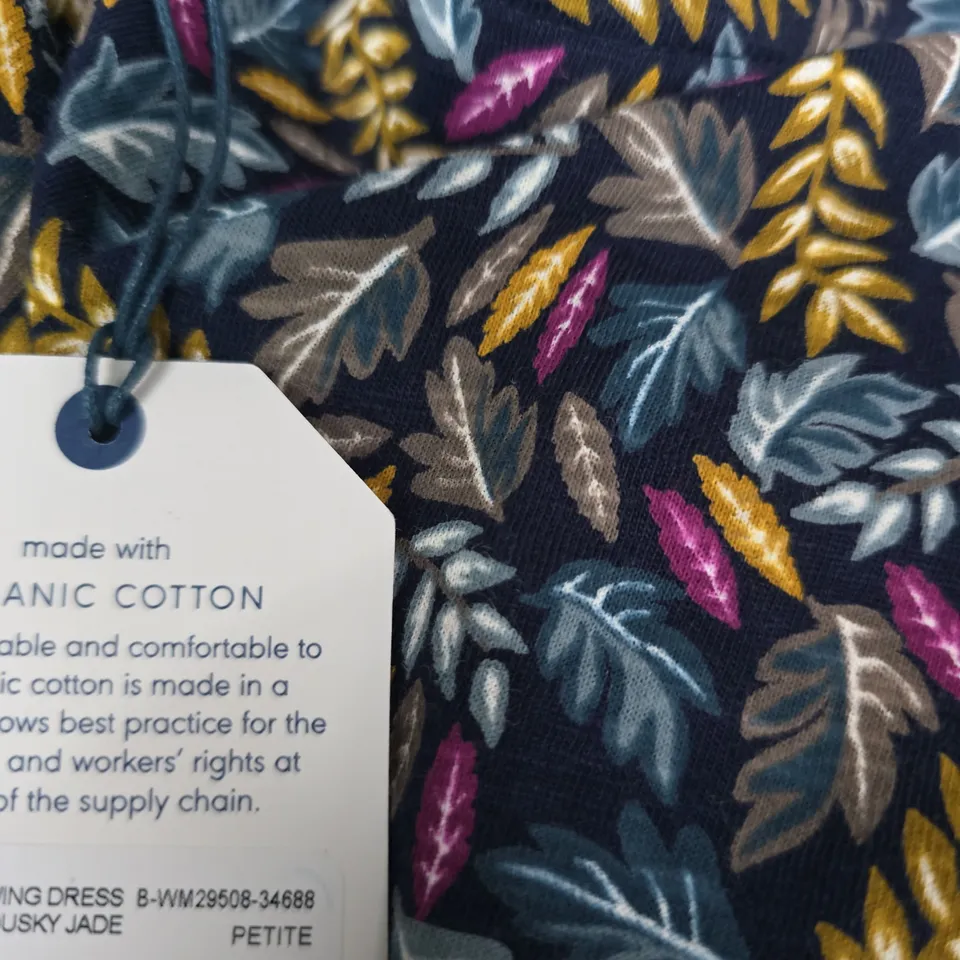 SEA SALT CORNWALL DRESS – NAVY LEAF PRINT, PETITE UK 12 (US 8, EUR 40), ORGANIC COTTON