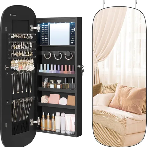 BOXED SONGMICS MIRROR WITH STORAGE, LED MIRROR JEWELLERY CABINET WALL/DOOR MOUNTED