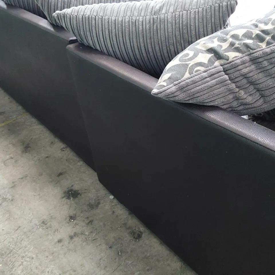 DESIGNER CORNER GROUP WITH SCATTER CUSHIONS BLACK FAUX LEATHER & GREY JUMBO CHORD 