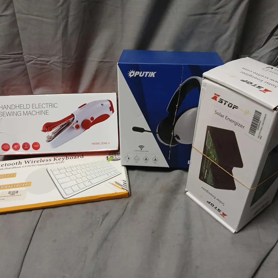 APPROXIMATELY 15 ASSORTED ELECTRICAL ITEMS TO INCLUDE XSTOP SOLAR ENERGIZER, OPUTIK HEADSET, HANDHELD ELECTRIC SEWING MACHINE, ETC - COLLECTION ONLY