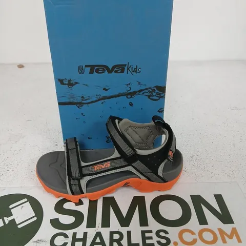 TEVA KIDS TANZA SANDALS – GREY/BLACK WITH ORANGE SOLE