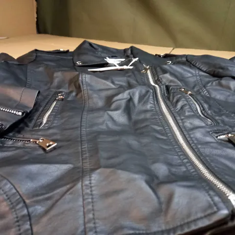 DESIGNER FAUX LEATHER BLACK BIKER JACKET - XL