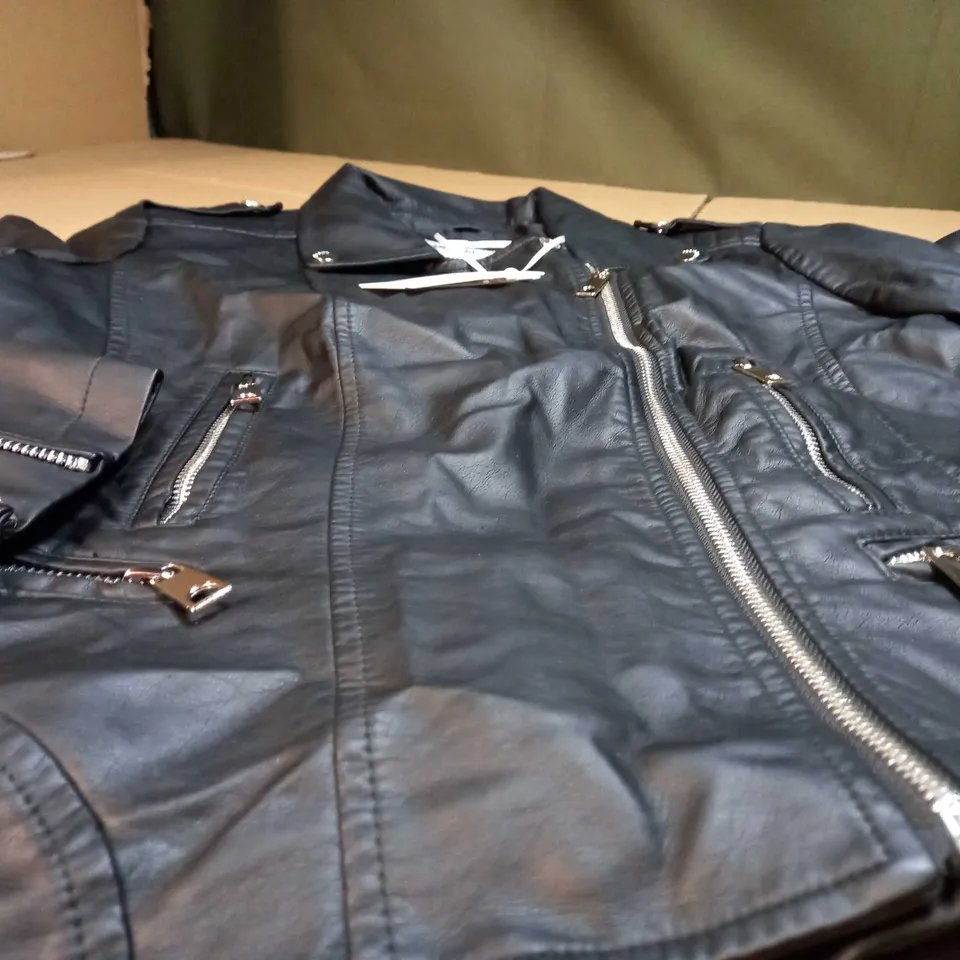 DESIGNER FAUX LEATHER BLACK BIKER JACKET - XL