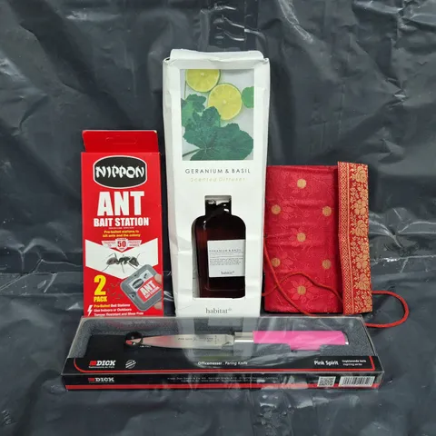 APPROXIMATELY 10 ASSORTED HOUSEHOLD ITEMS TO INCLUDE SCENTED DIFFUSER, ANT BAIT STATION, PINK SPIRIT PAIRING KNIFE, ETC - COLLECTION ONLY