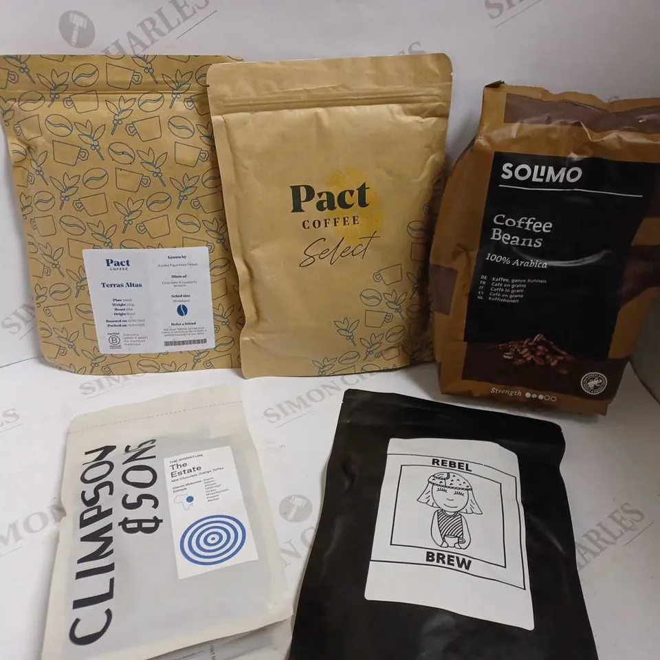 BOX OF APPROX 6 ITEMS TO INCLUDE CLIMPSON&SONS COFFEE BEANS, REBEL BREW AND SOLIMO COFFEE BEANS