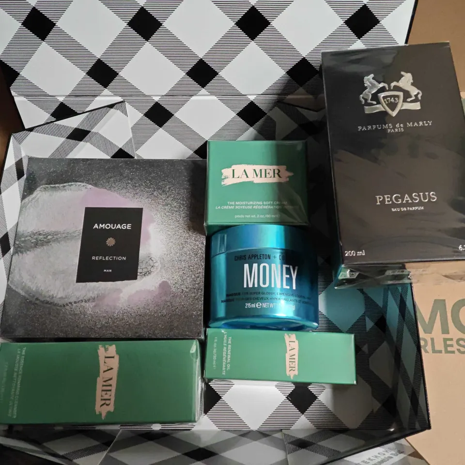 LOT OF 6 ASSORTED COSMETIC ITEMS TO INCLUDE PARFUMS DE AMRLEY PEGASUS 300ML, LA MER FOAMING CLEANSER AND HAIR MASQUE