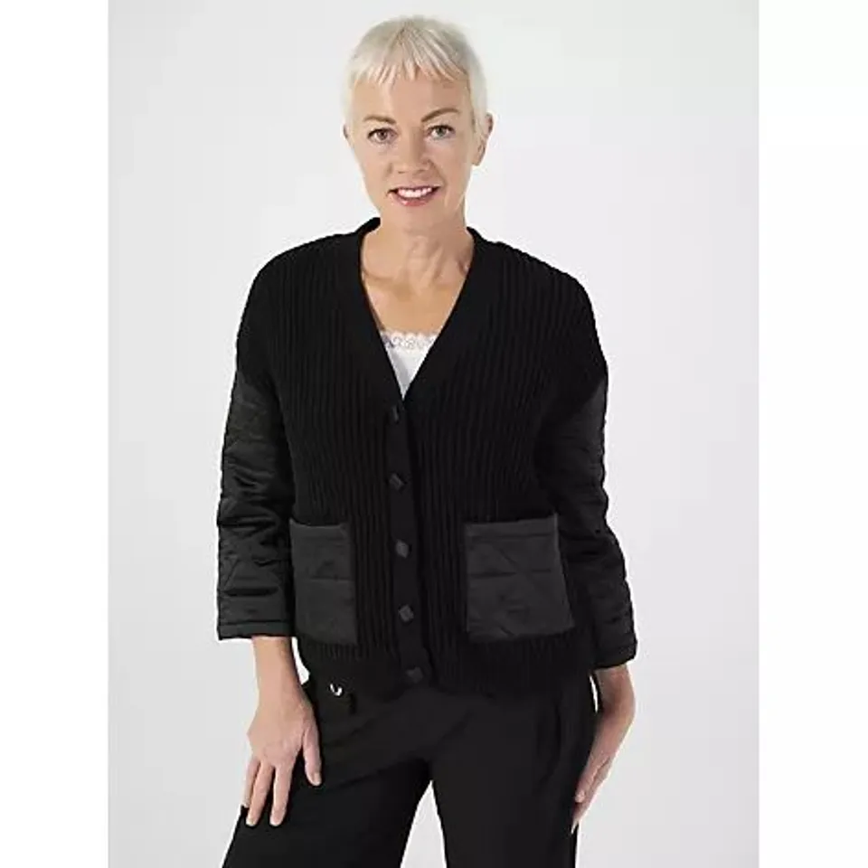 WYNNE COLLECTION COZY PLUSH & QUILTED SATIN QUILTED CARDIGAN JACKET- BLACK MEDIUM
