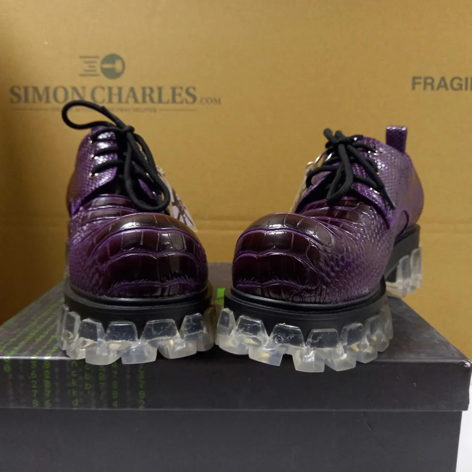 KOI DEACONS OF THE DEEP MENS PURPLE SNAKE VEGAN/CLEAR SOLE SHOES - SIZE 7