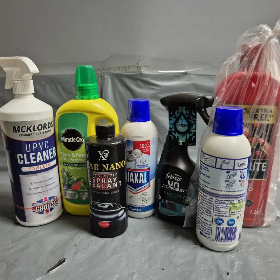 APPROXIMATELY 12 ASSORTED LIQUIDS TO INCLUDE TOMORITE CONCENTRATED TOMATO FOOD, MIRACLE PLANT FOOD FEBREEZE UNSTAOPPABLES, ETC 