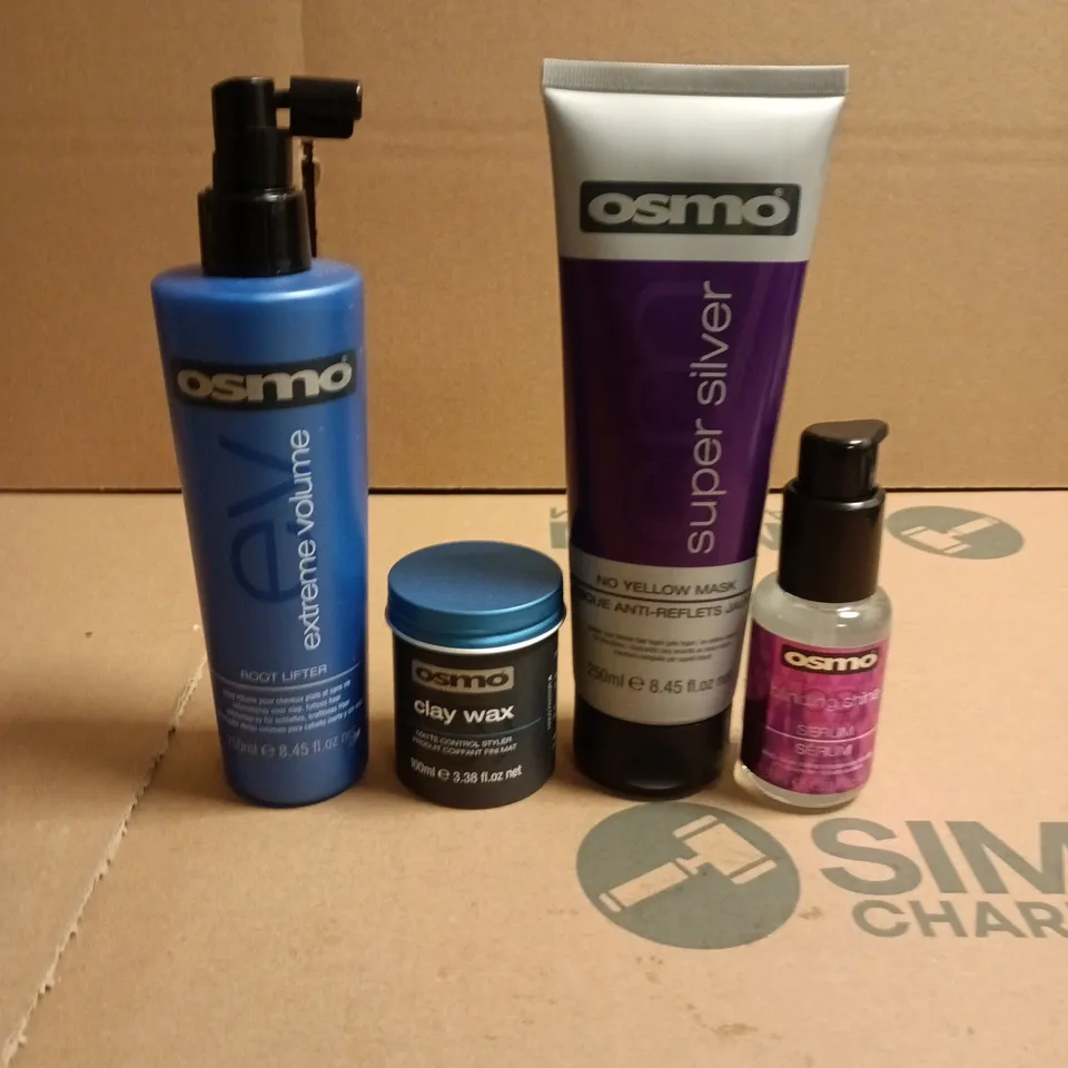 BOX OF APPROXIMATELY 18 OSMO HAIRCARE PRODUCTS TO INCLUDE NO YELLOW MASK, CLAY WAX AND BLINDING SHINE SERUM