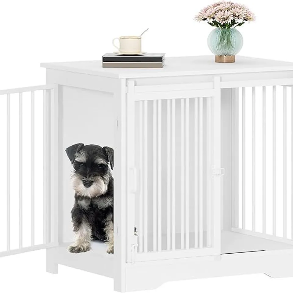 BOXED HZUANERI DOG CRATE FURNITURE, 69 CM DOUBLE DOOR WOODEN DOG CRATE WITH BARN DOOR, INDOOR KENNEL, END SIDE TABLE WOODEN ANIMAL CRATES FOR SMALL DOGS, ANTI-CHEW ANTI-ESCAPE, WHITE DFC84313W