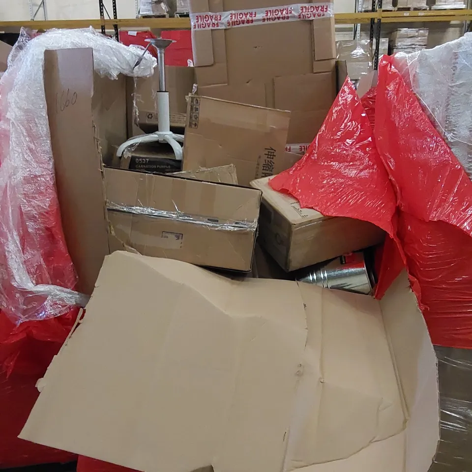 PALLET OF ASSORTED HOUSEHOLD ITEMS AND CONSUMER PRODUCTS. INCLUDES PANS, PET TUNNEL, BUCKET, BOXED FURNITURE ETC 