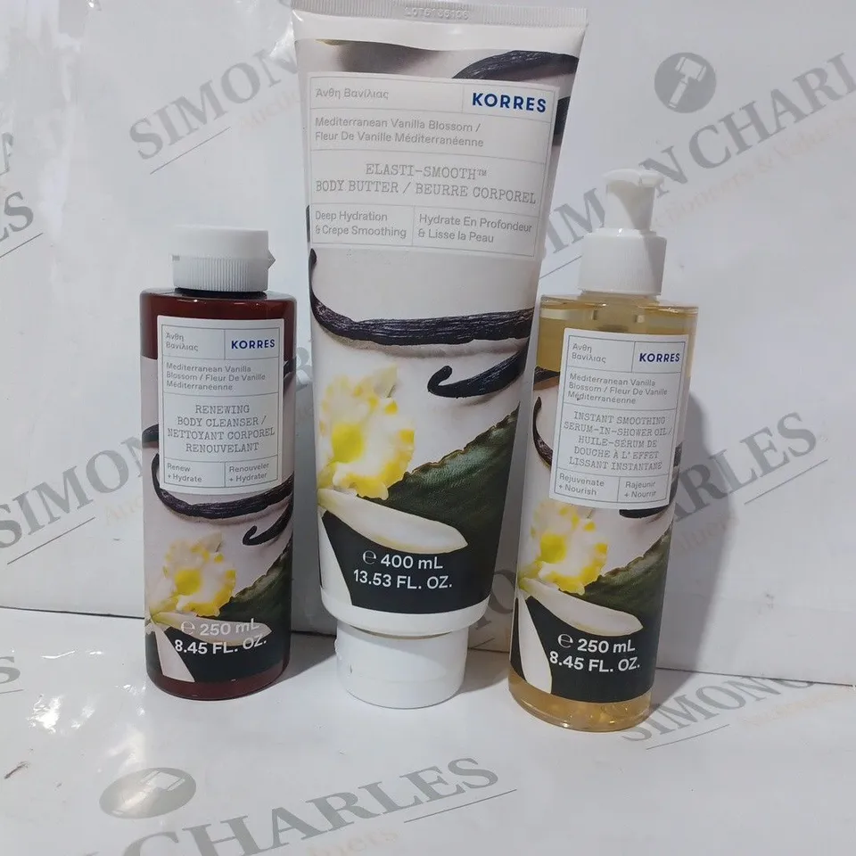 BOXED KORRES INSTANT SMOOTHING SERUM-IN-SHOWER OIL, BODY BUTTER, AND BODY CLEANSER SET