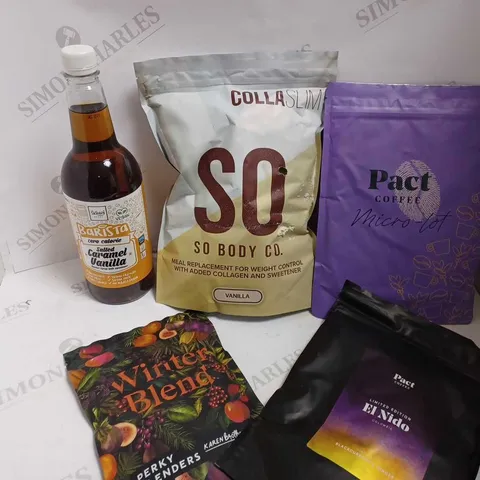 BOX OF APPROX 6 ITEMS TO INCLUDE BARISTA SALTED CARAMEL SYRUP, COLLASLIM MEAL REPLACEMENT AND PACT COFFEE BEANS