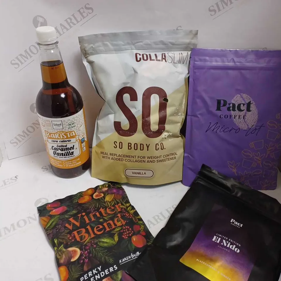 BOX OF APPROX 6 ITEMS TO INCLUDE BARISTA SALTED CARAMEL SYRUP, COLLASLIM MEAL REPLACEMENT AND PACT COFFEE BEANS