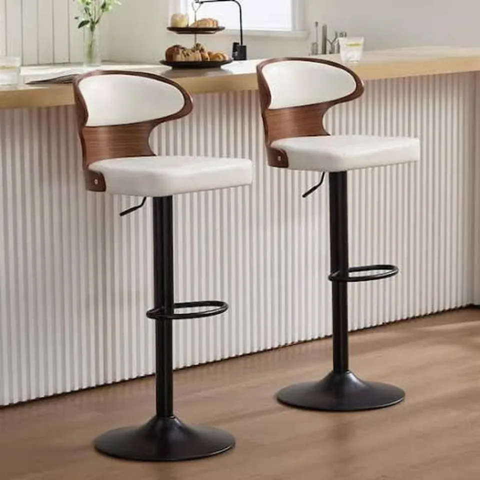 BOXED HAWTHYHOME BAR STOOLS SET OF 2 BENTWOOD SWIVEL BAR STOOLS WITH WHITE | BAR STOOLS,PU LEATHER UPHOLSTERY,BACKREST, FOOTREST, COUNTER HEIGHT 62-85CM, KITCHEN ISLAND, DINING ROOM ( 1 BOX)