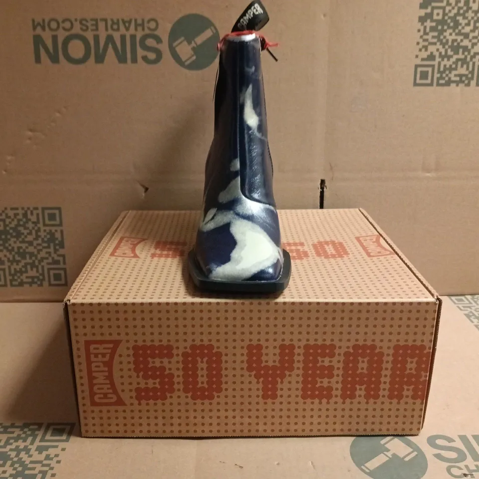 BOXED PAIR OF CAMPER SIDE-ZIP ANKLE BOOTS IN BLUE SIZE EU 38